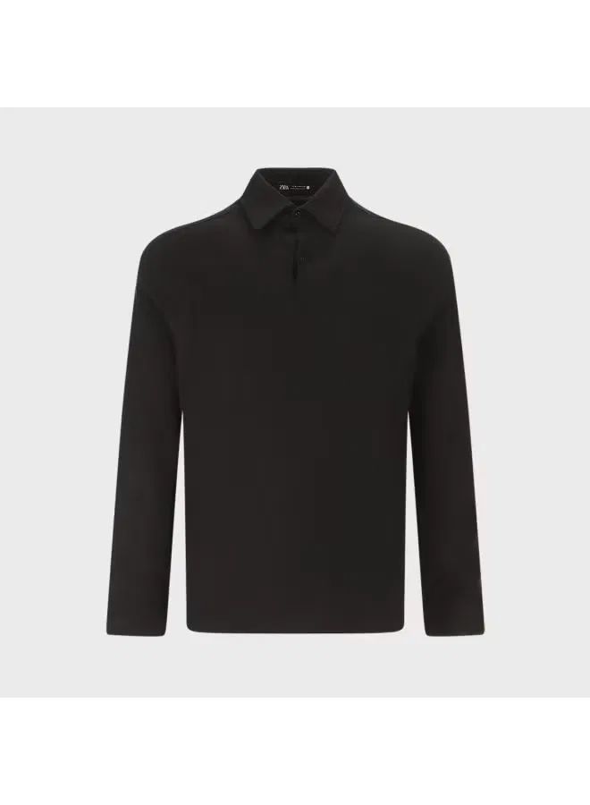 Лонгслив поло с длинным рукавом, облегающий, Zara, черный — фото 2