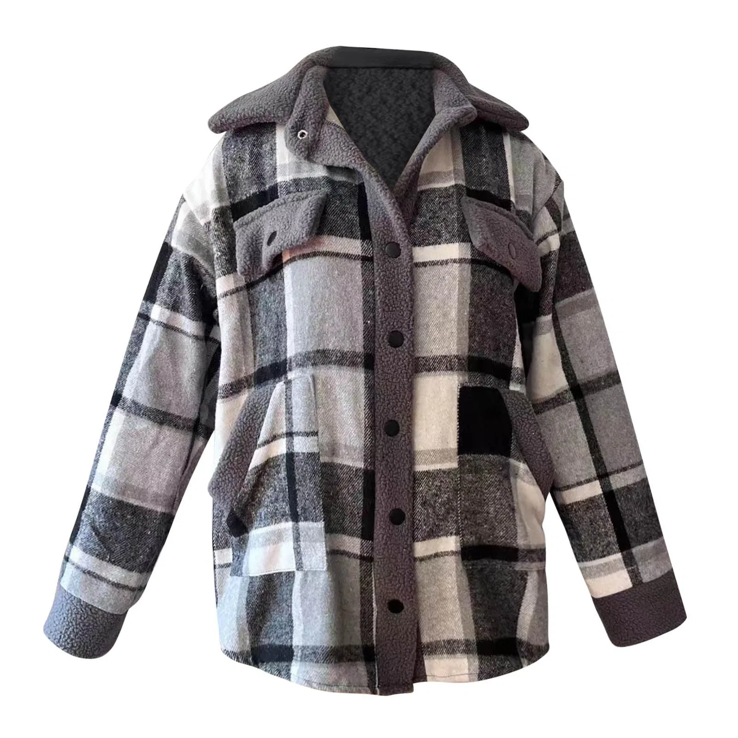 Женская куртка из флиса с принтом, модель Oversize Plaid, Grigio scuro — фото 4