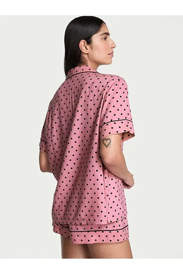 Женский комплект пижамы из фланели с коротким рукавом, с принтом, Victoria'S Secret, Black Polka Dots — фото 2