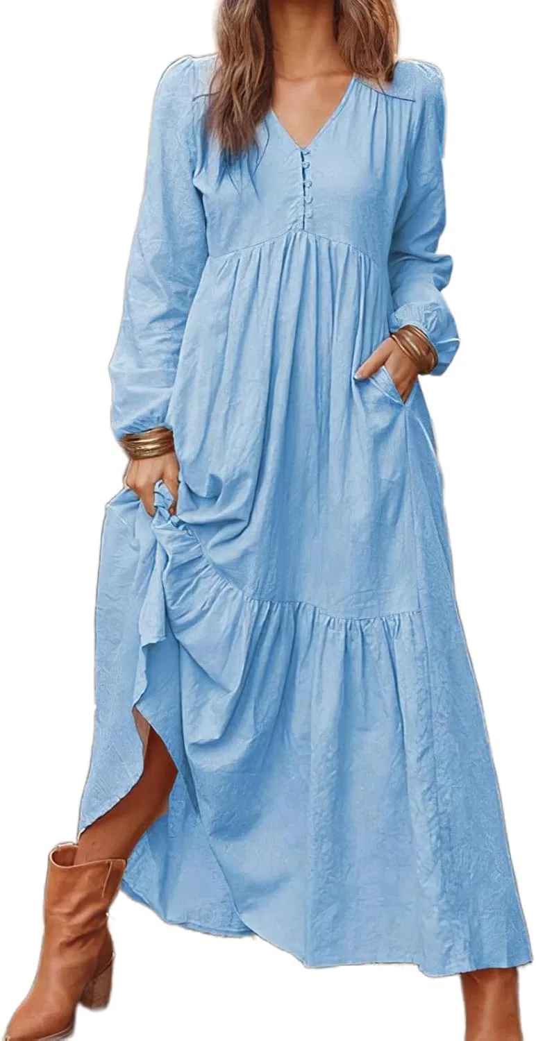 Женское платье макси из льна с V-образным вырезом, Light Blue
