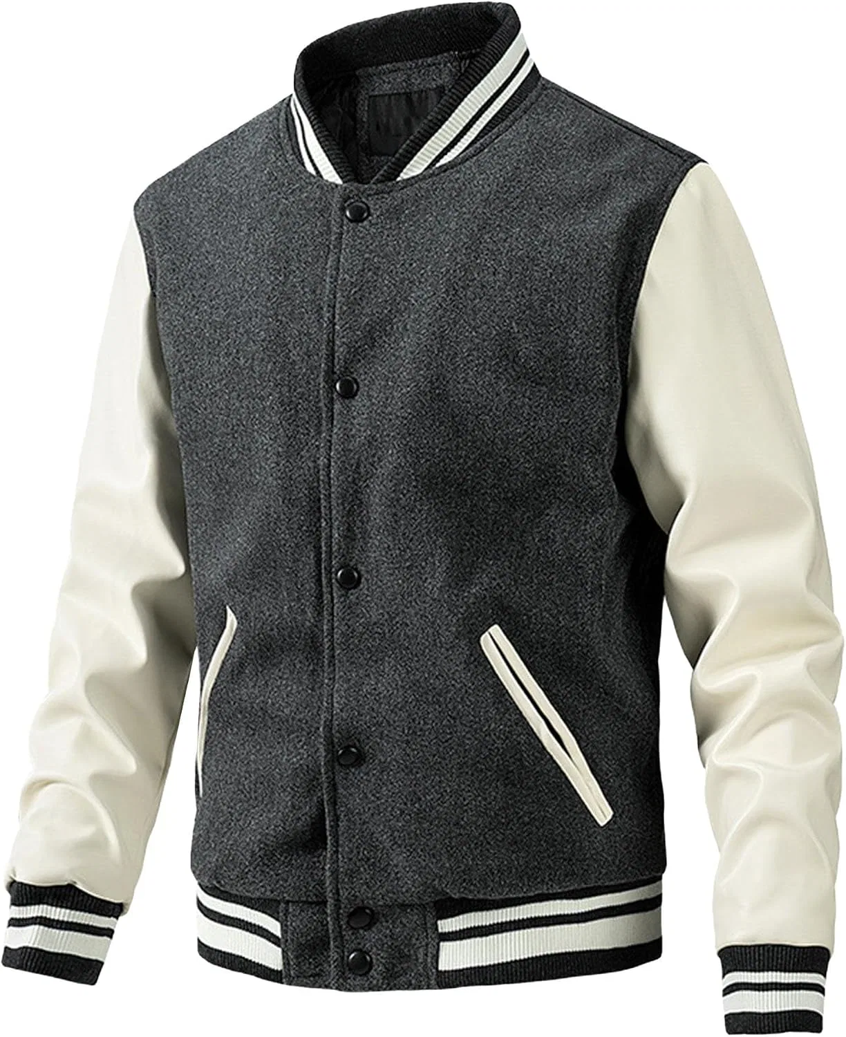 Мужская куртка-бомбер с принтом, Patchwork Leather Baseball Jacket, тёмно-серый