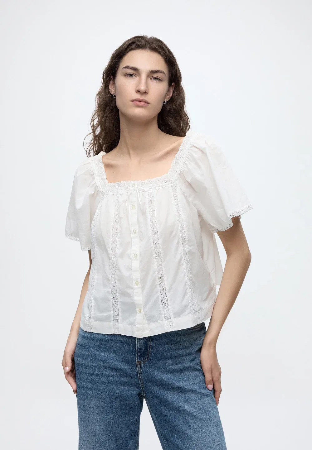 Кружевная женская блузка с квадратным вырезом Gap, New Off White