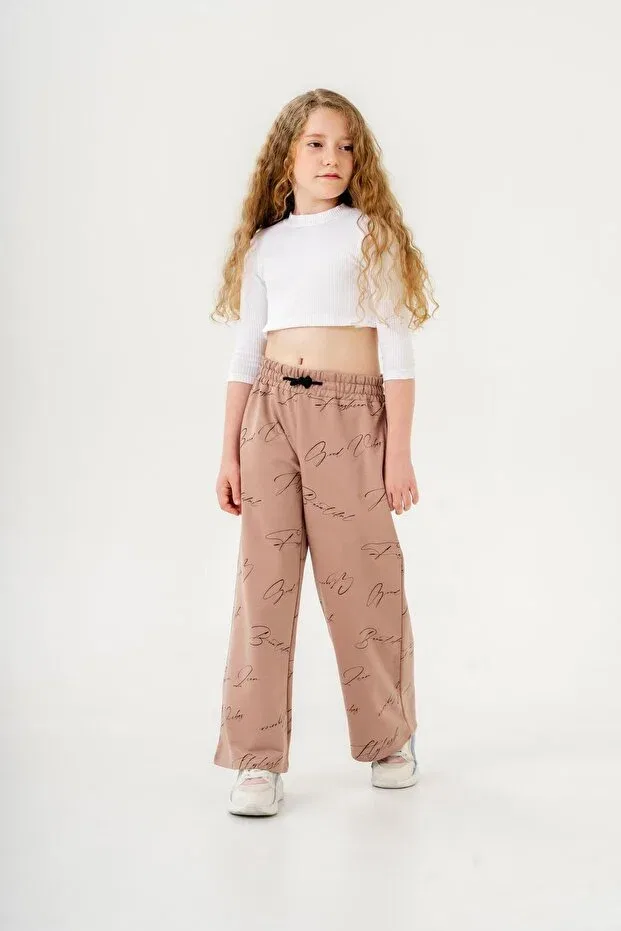 Детские спортивные штаны для девочек с принтом Wide Leg Mışıl Kids, Beige — фото 4