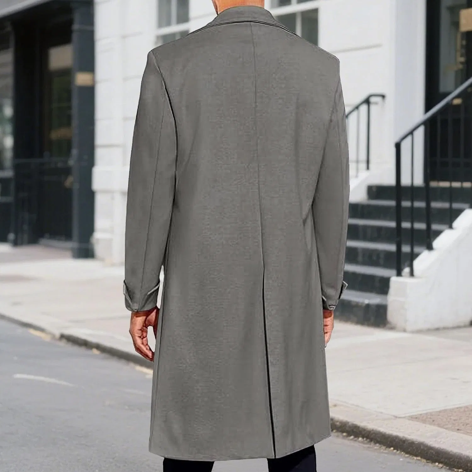 Мужское двубортное пальто-тренч с лацканами, Slim Fit, тёмно-серый — фото 4