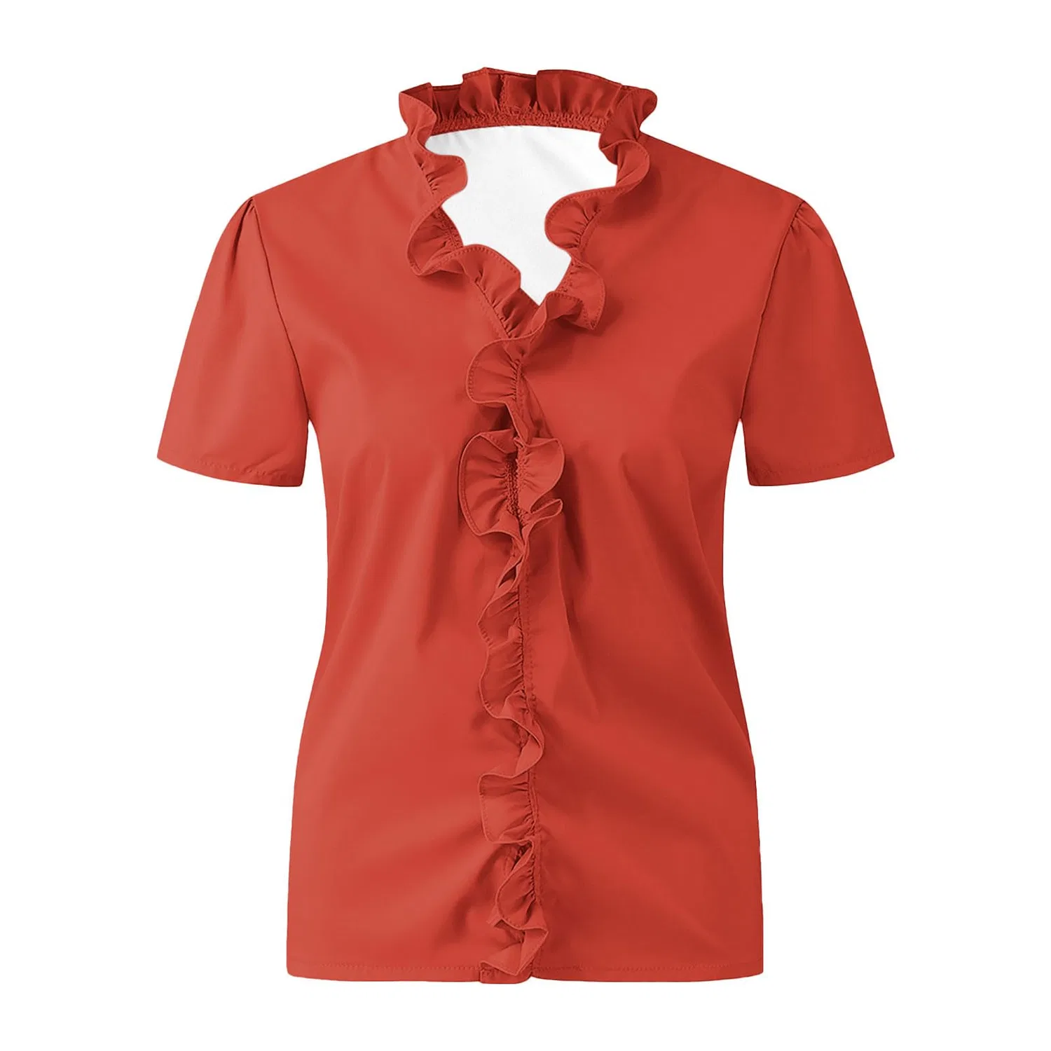 Женская футболка с V-образным вырезом и воланами, с коротким рукавом, Short Sleeve-orange — фото 4