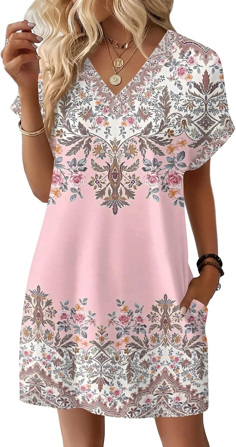 Женское повседневное платье с V-образным вырезом Tshirt Dress, Pink