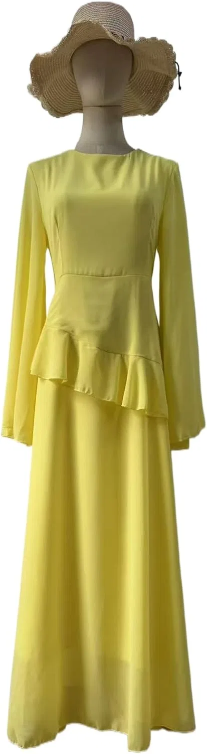 Женское платье с круглым вырезом и оборками, Yellow