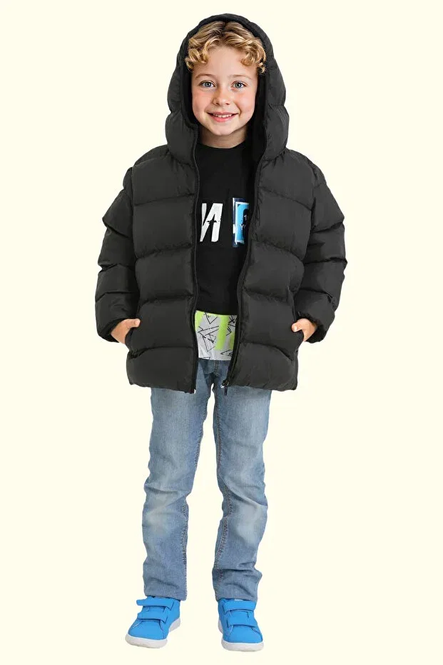 Детский зимнее пуховик с капюшоном с принтом Boy'S Black Fleece Hooded Waterproof Windproof Puffed Winter Coat Firststops, Black — фото 2