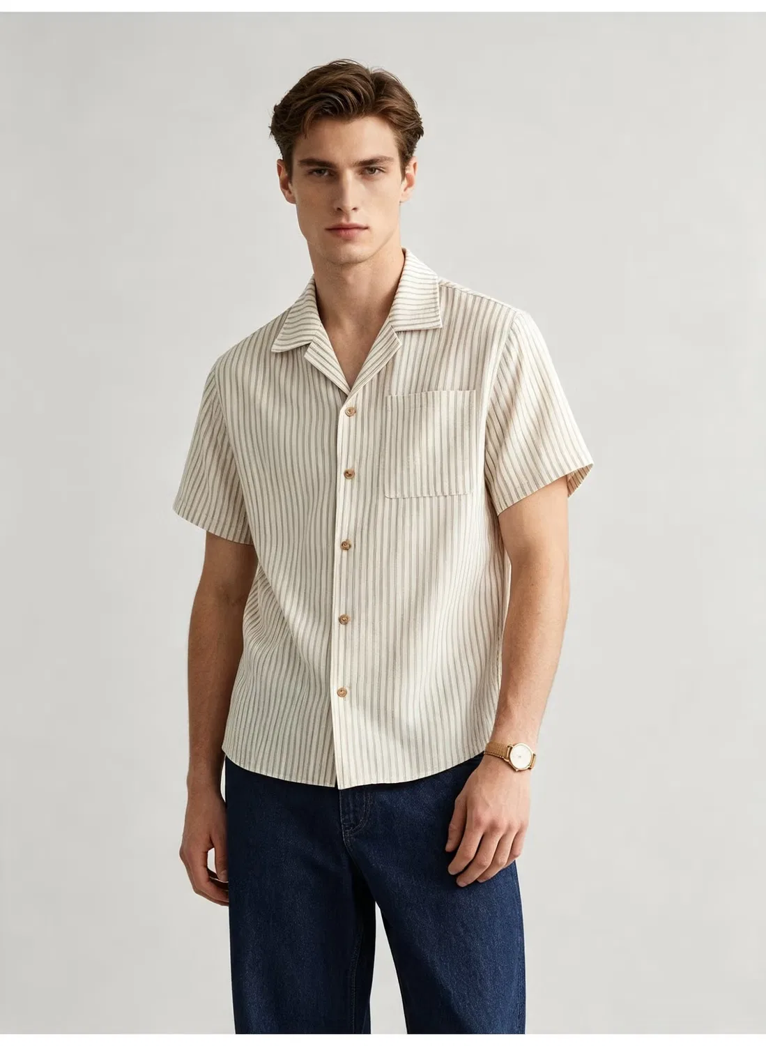 Рубашка с коротким рукавом и принтом в вертикальную полоску Camp Collar Zara, бежевый — фото 2