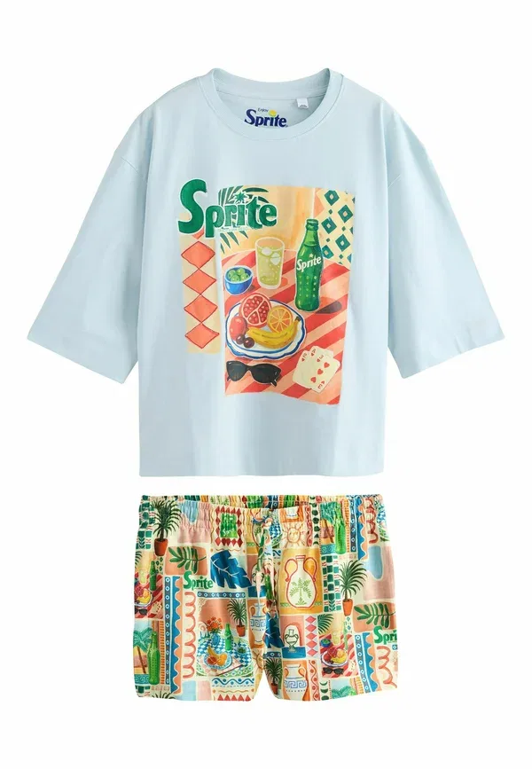 Пижамный комплект из хлопка и вискозы с льном, Regular fit - sprite graphic short pyjamas set, Next, синий