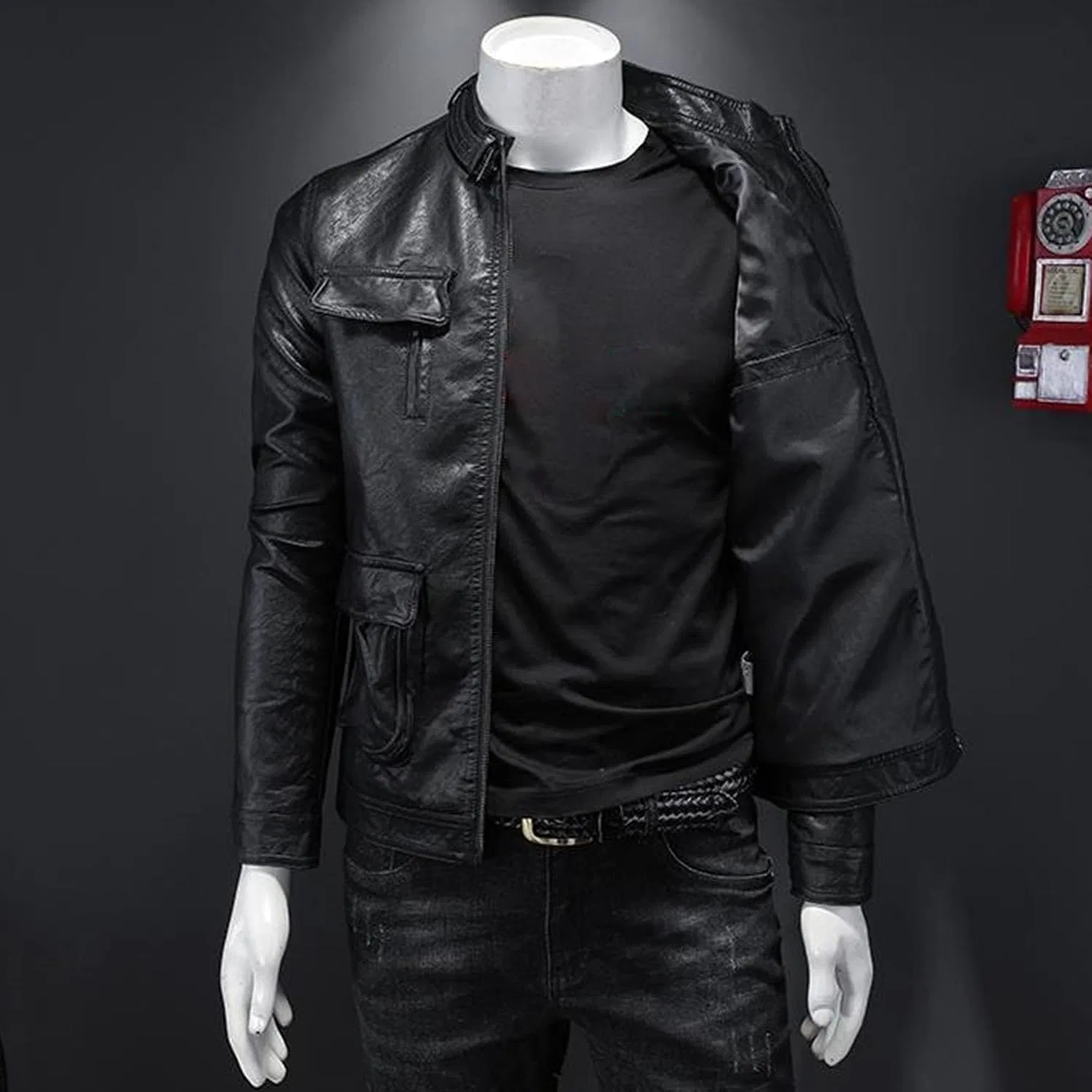 Мужская куртка из экокожи с воротником-стойкой, Cafe Racer Style, чёрный — фото 2