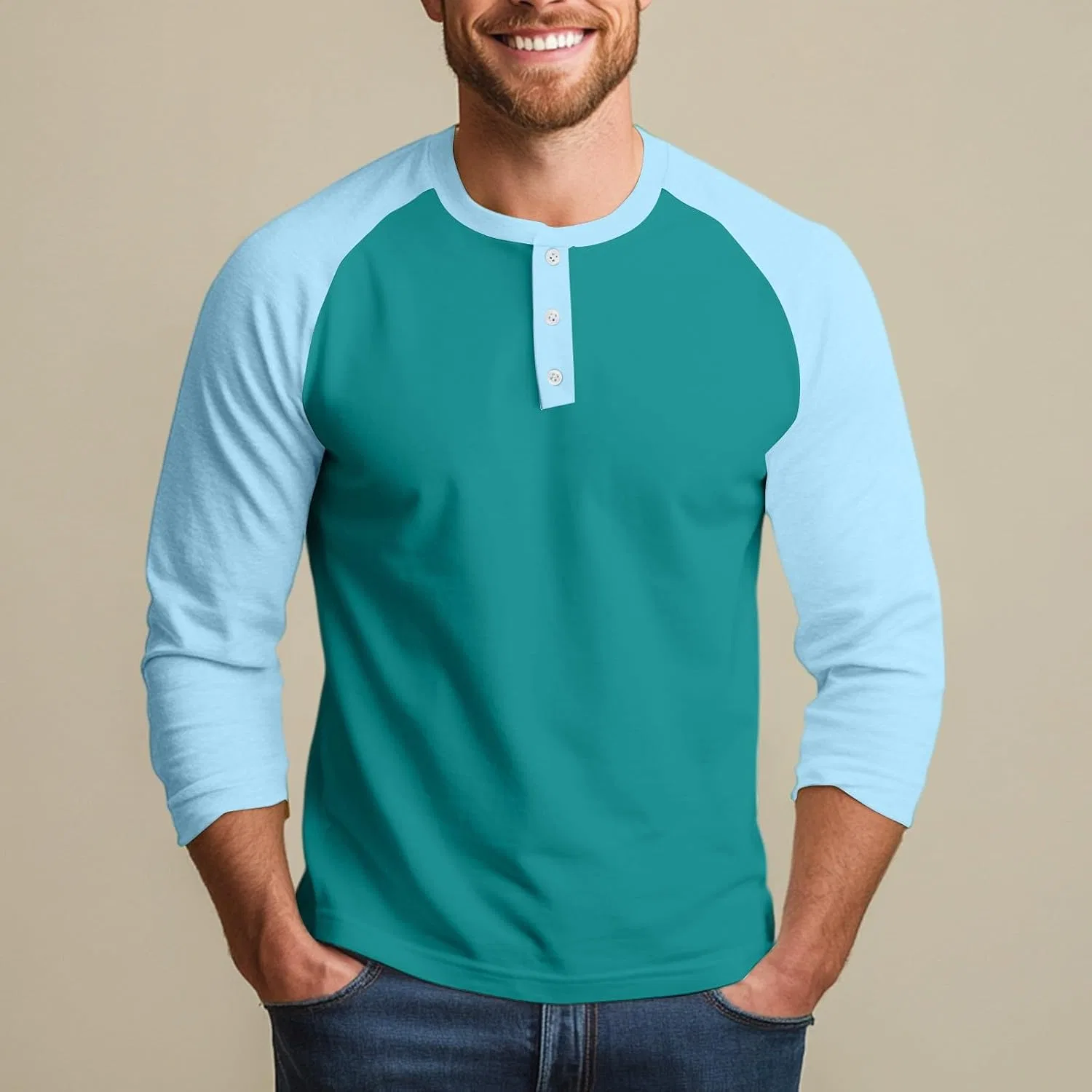 Мужская спортивная футболка с 3/4 рукавом реглан, Turquoise — фото 3