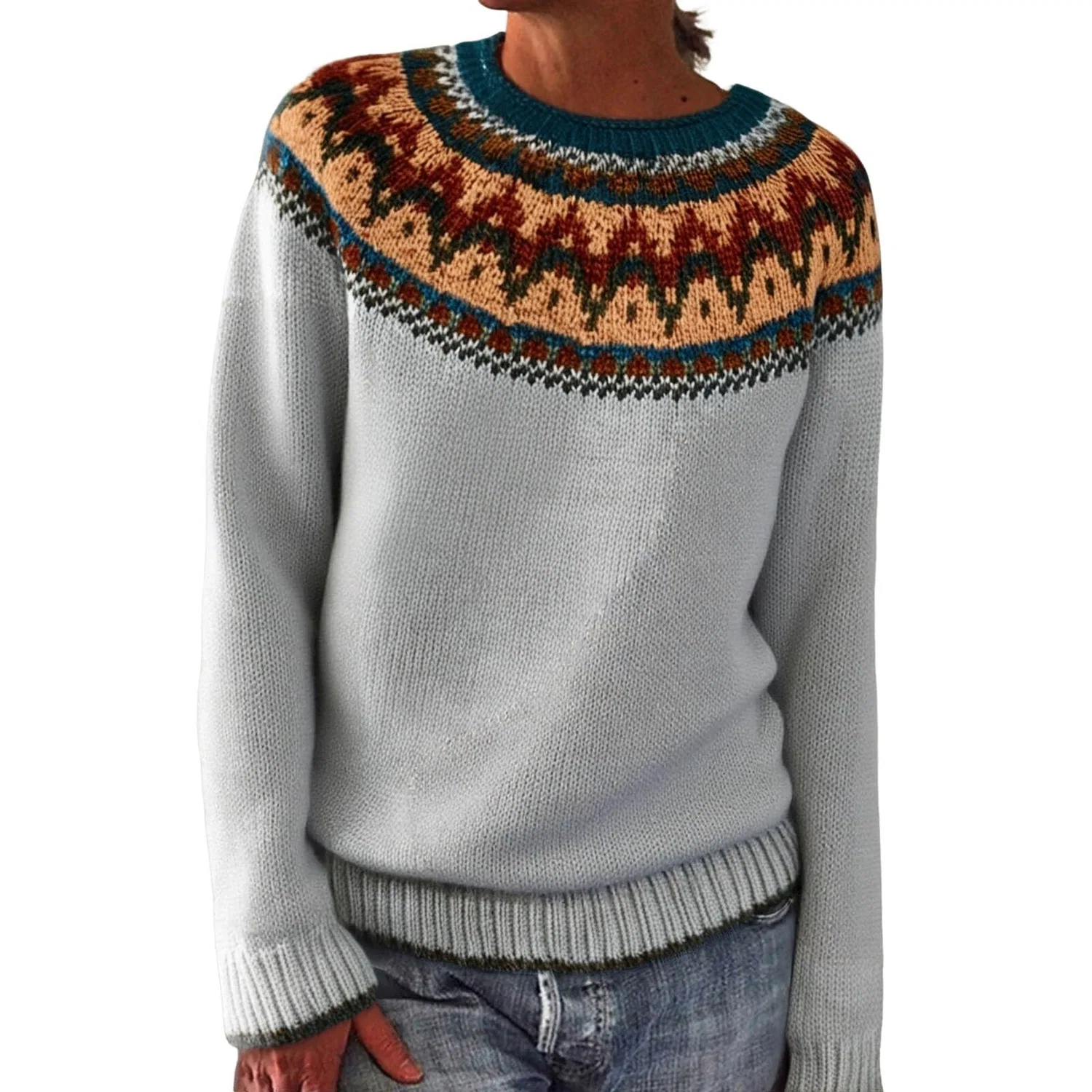 Женский свитер с принтом Retro Knitted Sweater with Isle Print, Light Ashy