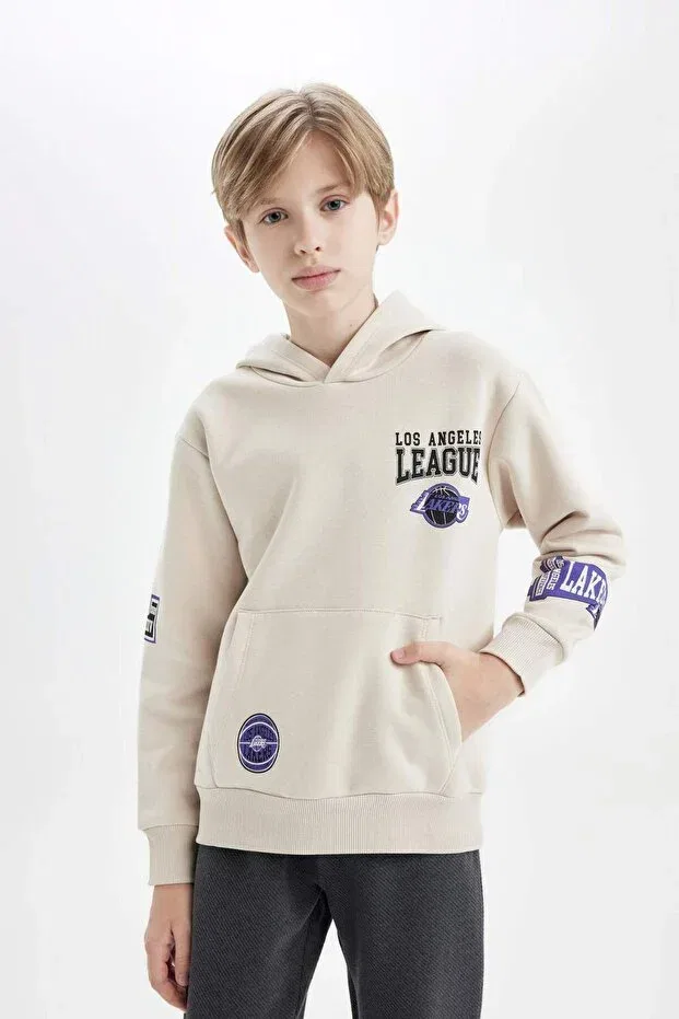 Детское худи для мальчиков с принтом NBA Los Angeles Clippers Hooded Back Printed Defacto, Ecru