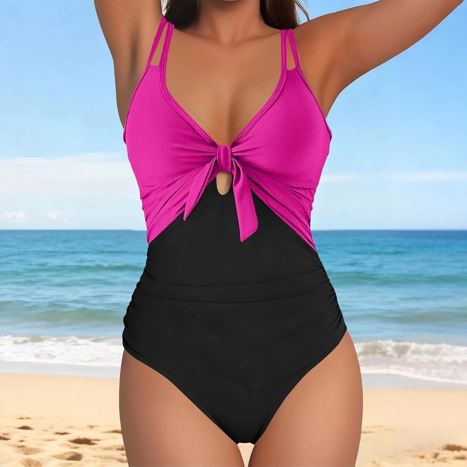Женский слитный купальник с вырезом и узлом V-образным вырезом, Hot Pink — фото 2