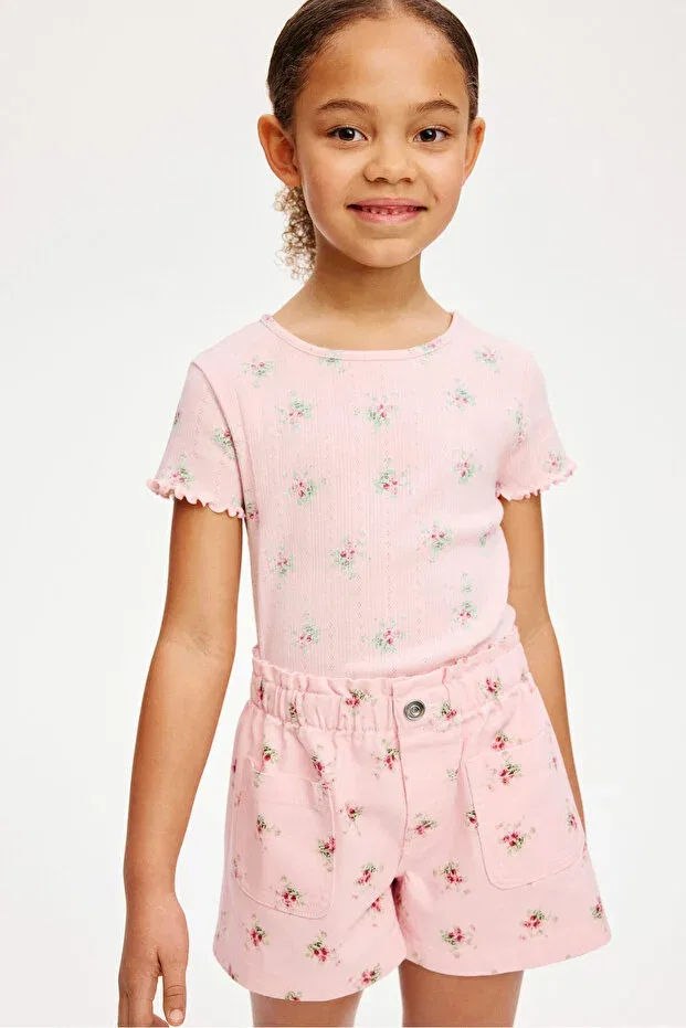 Детские шорты для девочек с принтом Paper bag waisted gabardine shorts H&M, Light Pink Floral — фото 3