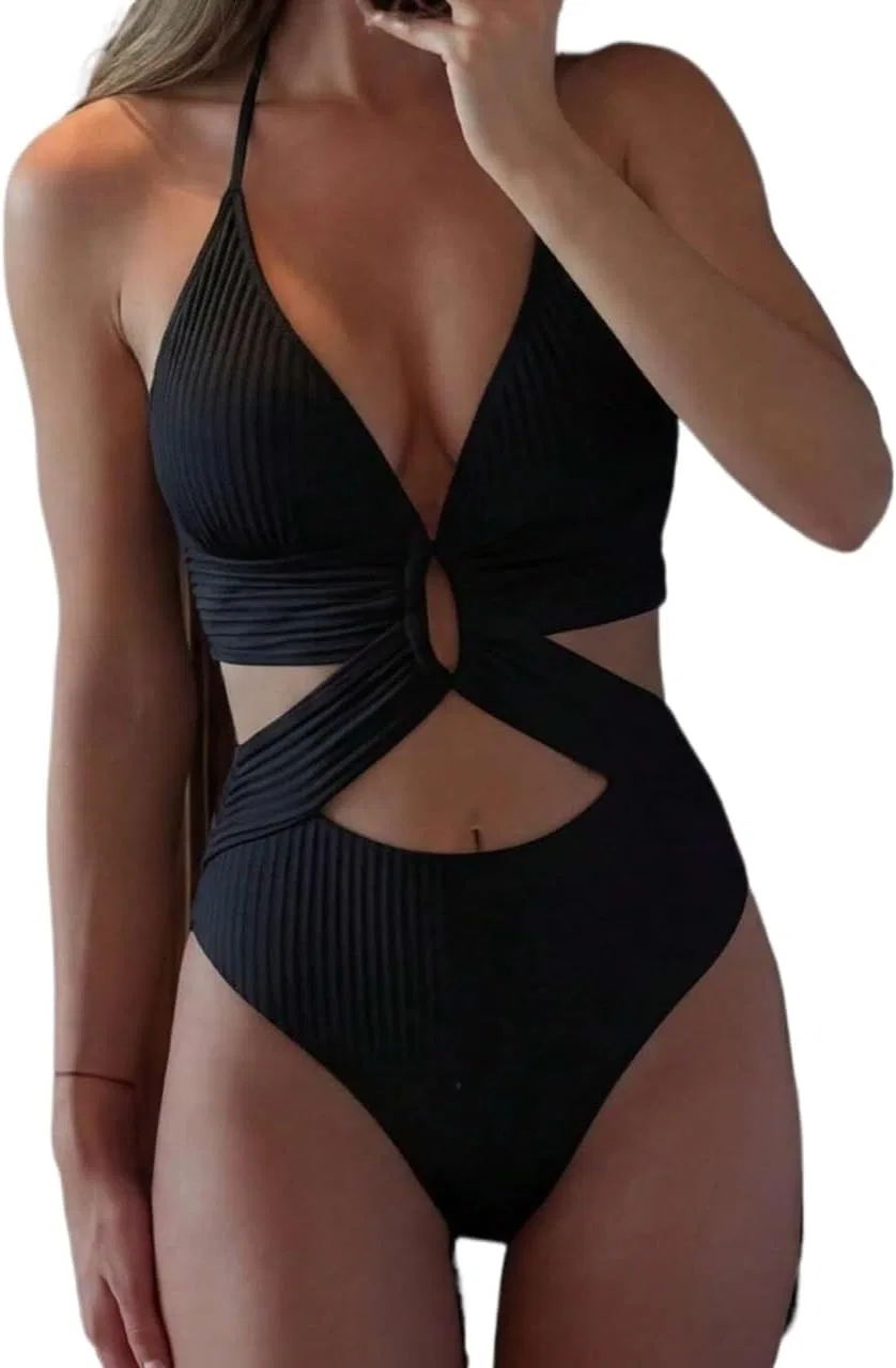Женский цельный купальник с вырезами Halter Deep V-Neck, Black