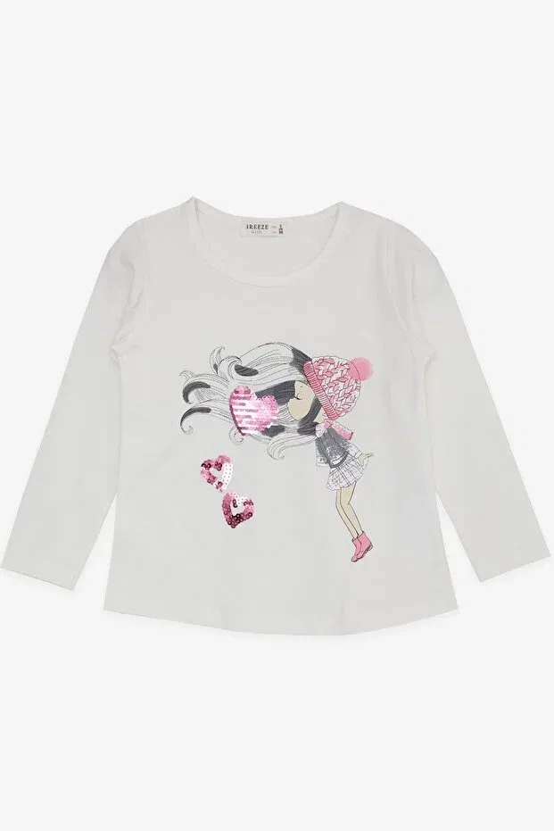 Детская футболка для девочек с длинным рукавом с принтом Girl'S long sleeve t-shirt with sequin heart print Breeze, Ecru