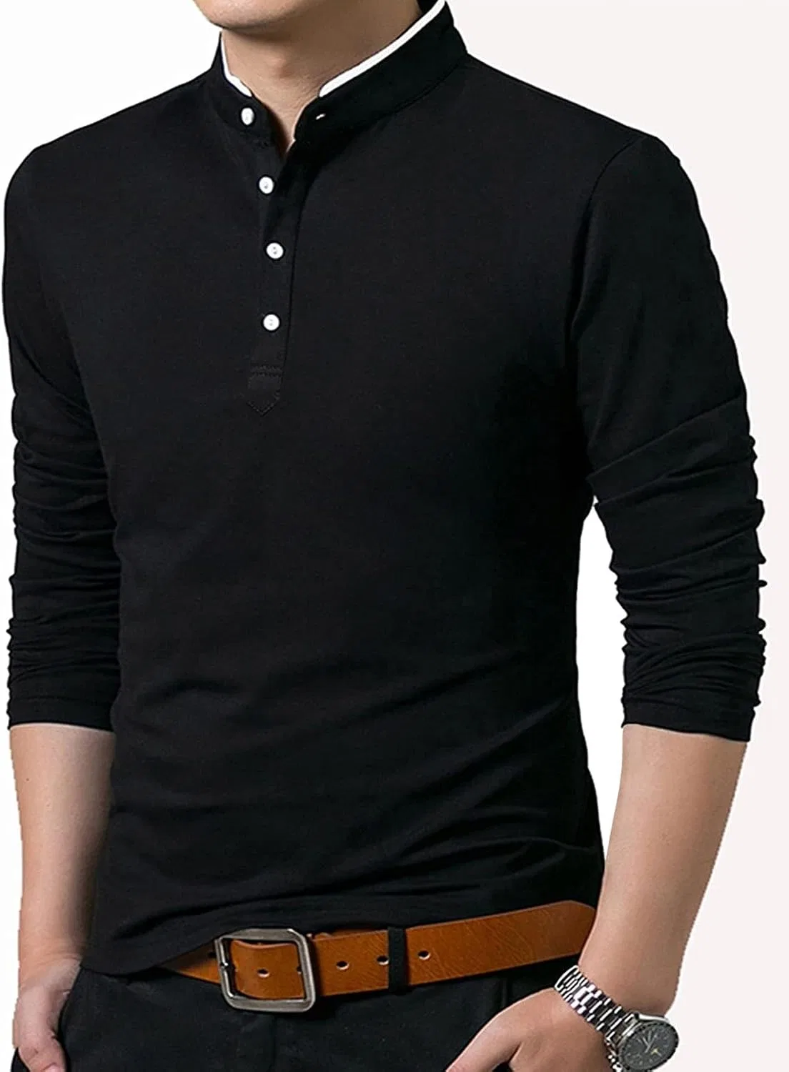 Мужская футболка с воротником-стойкой на пуговицах, Regular Fit, Black — фото 3
