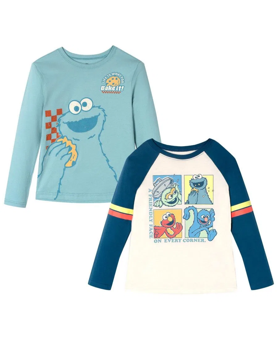 Комплект из 2 футболок с длинным рукавом с принтом Sesame Street, Cream Blue Cookie