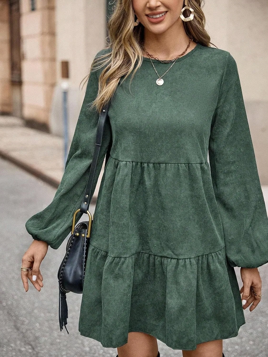 Женское короткое платье с воланами и пуговицами, Dark Green — фото 4