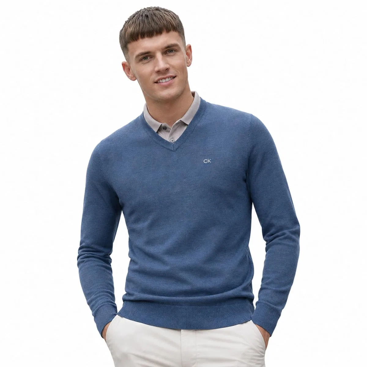 Мужской свитер с V-образным вырезом Calvin Klein, Marl Denim — фото 2