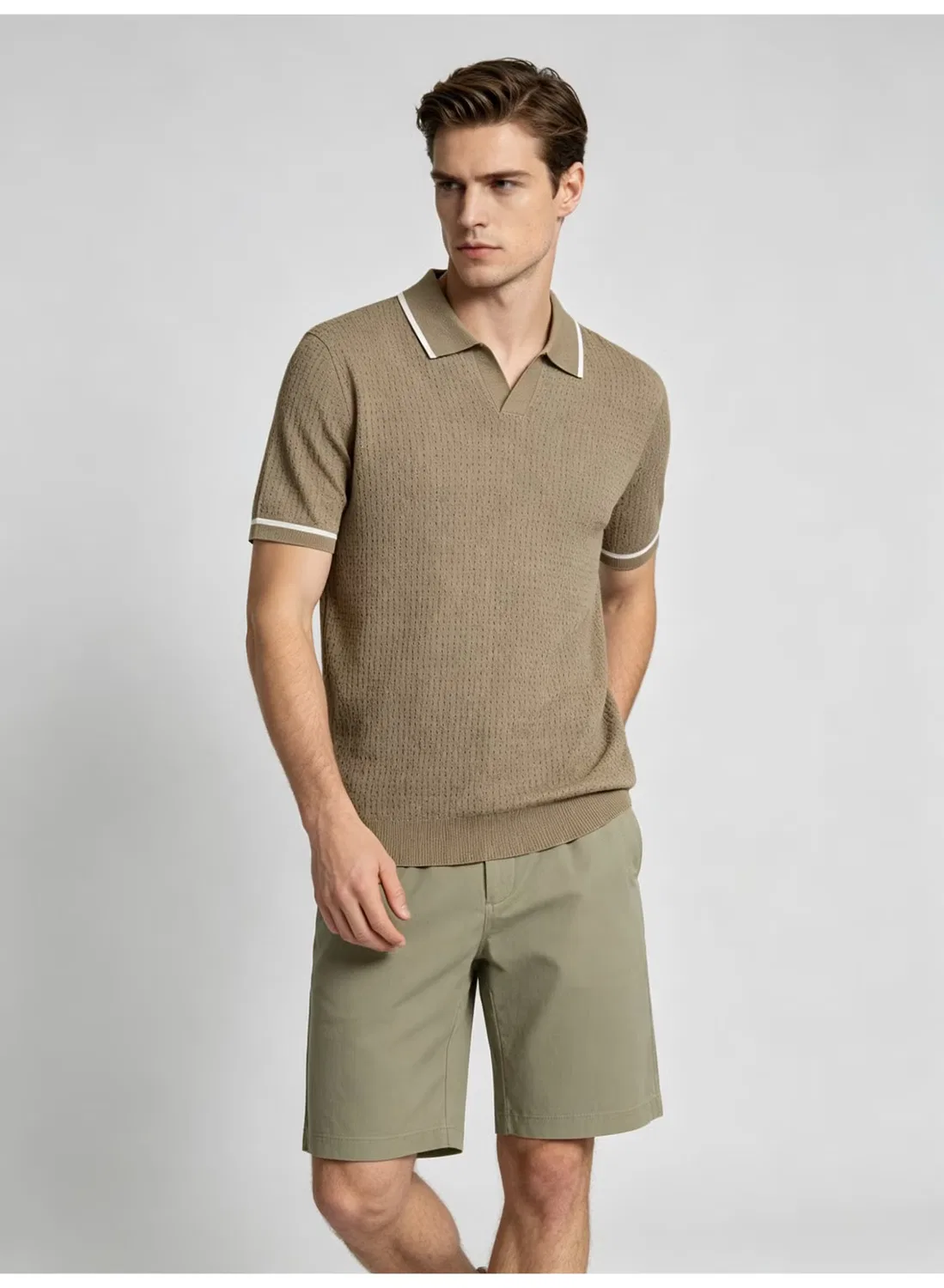 Поло мужское с коротким рукавом и контрастными лацканами Zara, хаки — фото 2
