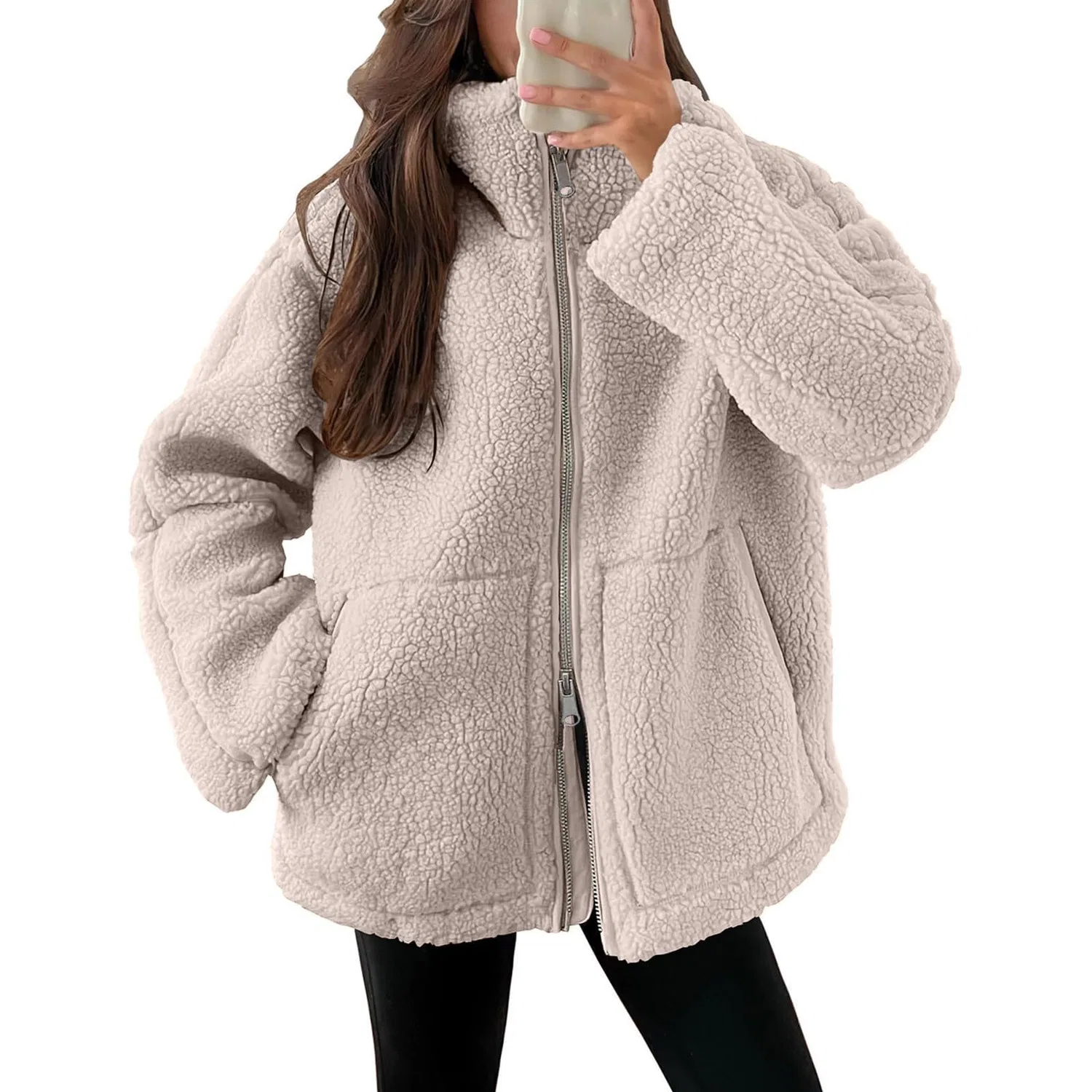 Женское пальто с длинным рукавом Oversized Fuzzy Fleece Jackets, white washed