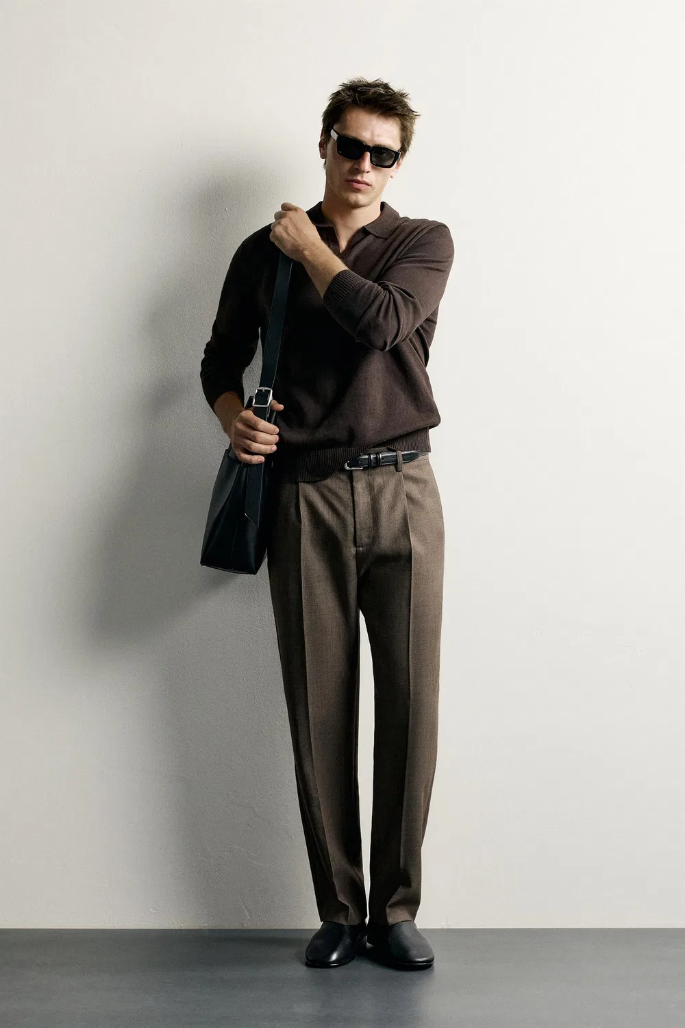 Поло из хлопка и льна, стандартного кроя, трикотажное. ZARA, Brown