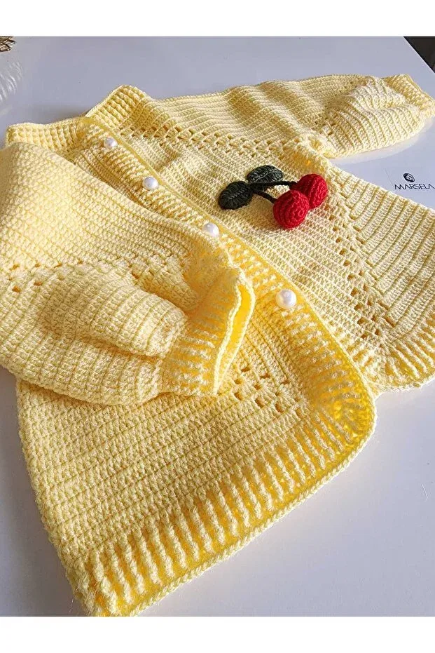 Детский кардиган с воротником-стойкой Cherry baby cardigan Örgü, Yellow