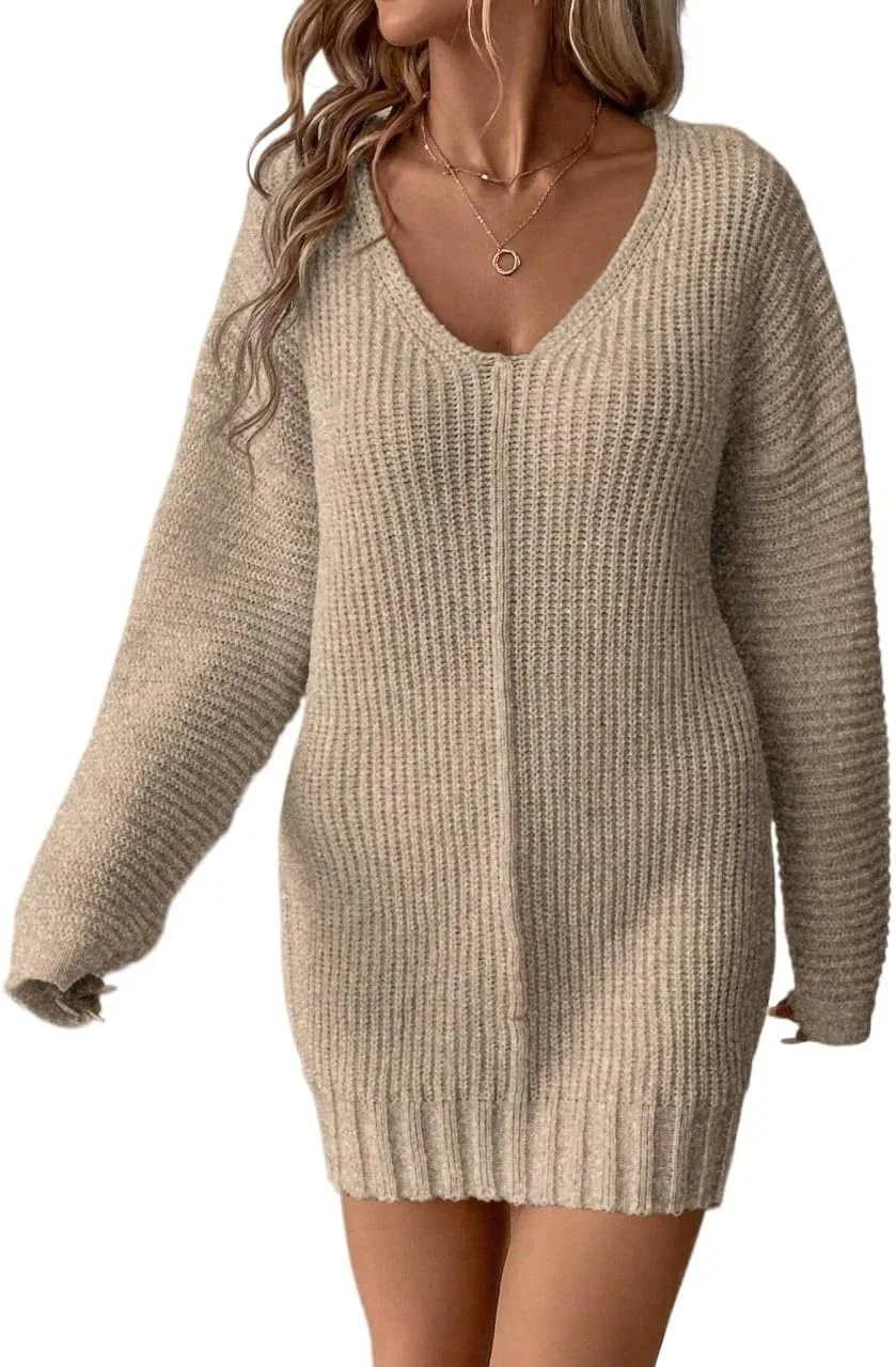 Женское свободное платье с V-образным вырезом, Khaki — фото 4