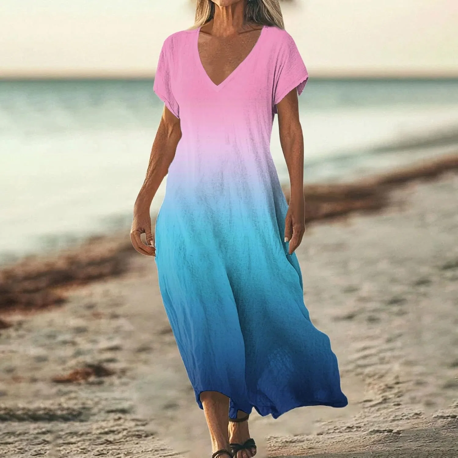 Женское летнее платье макси с V-образным вырезом Cotton Linen, Light Pink — фото 2