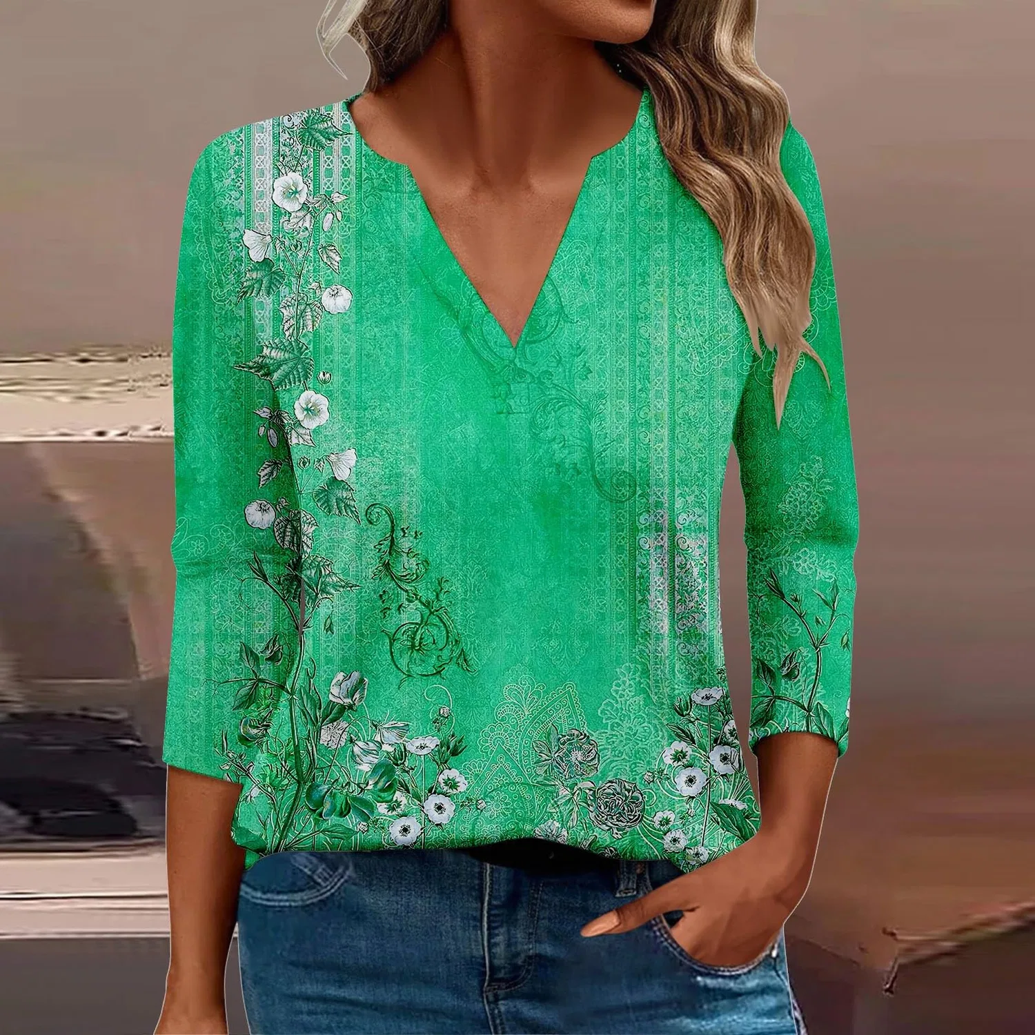 Женская блуза с принтом Women Blouses 3/4 Sleeve V Neck Casual Elegant Summer Boho Floral Print Blouses, 36#verde Menta — фото 2