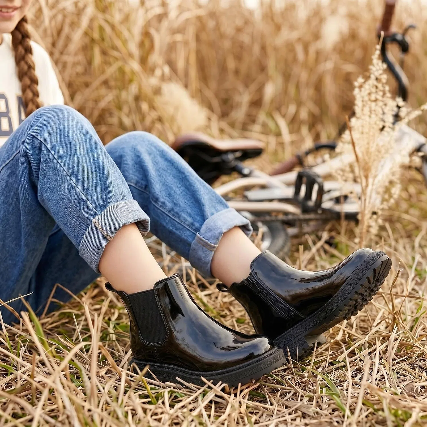 Детские ботинки для девочек с принтом Rihero, Black Patent — фото 2