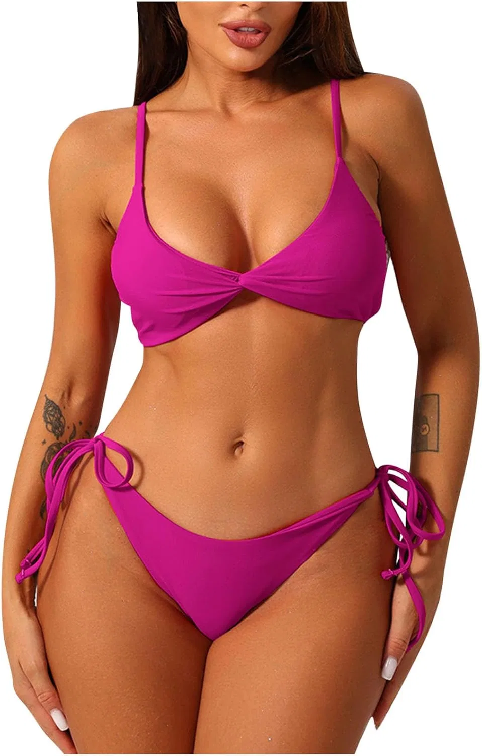 Женский бикини-комплект с пуш-ап топом и завязками, Hot Pink