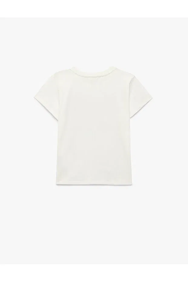 Детская футболка для девочек с принтом Sequin butterfly patterned short sleeve cotton t-shirt Koton, Ecru — фото 4