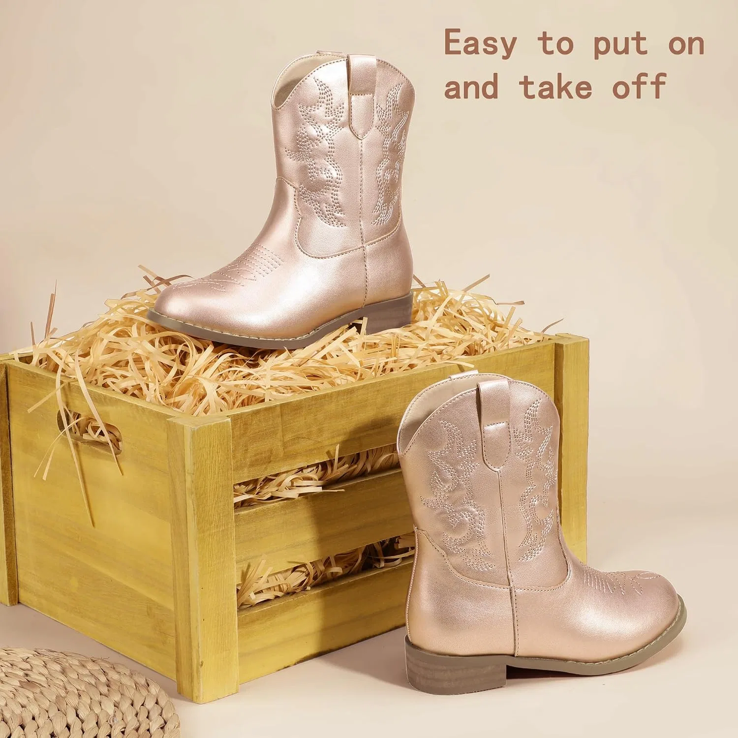 Детские сапоги для девочек с вышивкой Cowgirl Boots PANDANINJIA, Rose Gold — фото 4