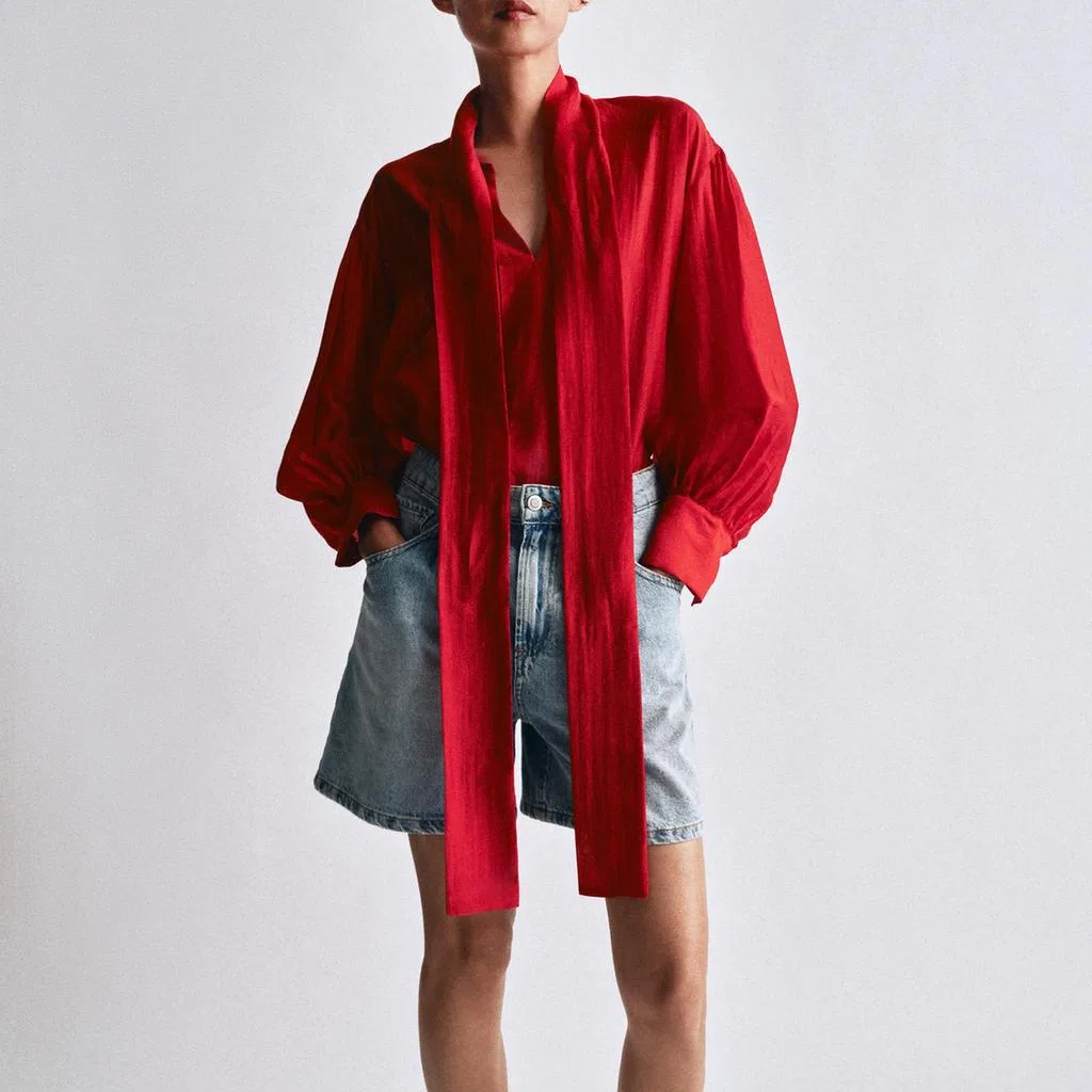 Женская рубашка с шарф-воротником, умеренная прямая посадка, ZARA, Red — фото 4