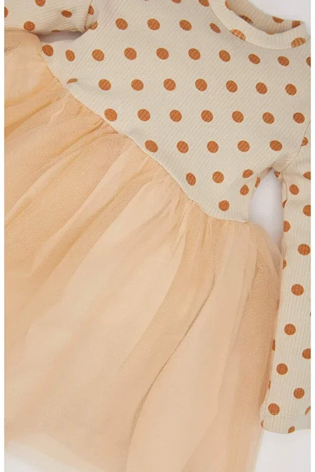 Детское платье для девочек с принтом Floral Long Sleeve Tulle Dress Defacto, Beige-Bg360 — фото 3
