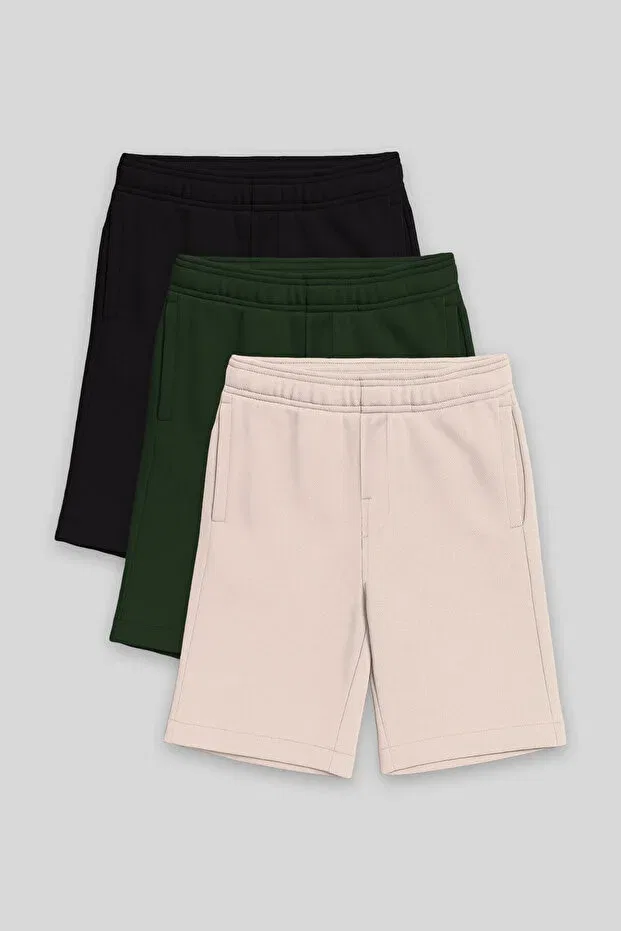 Детские шорты для мальчиков хлопковые комплект 3 шт Tommy Life, Black-Beige-Pine Green