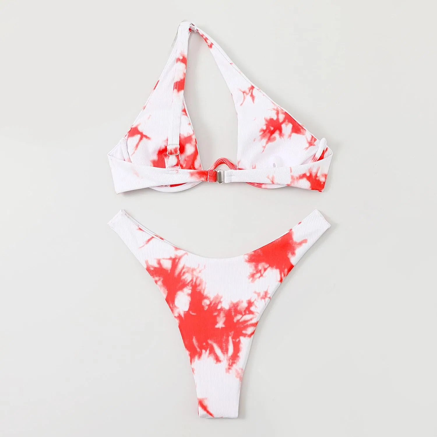 Женский бикини-сет с одним плечом, вырезами, галстуком, тай-дай, Push Up, Underwire, Watermelon Red — фото 3