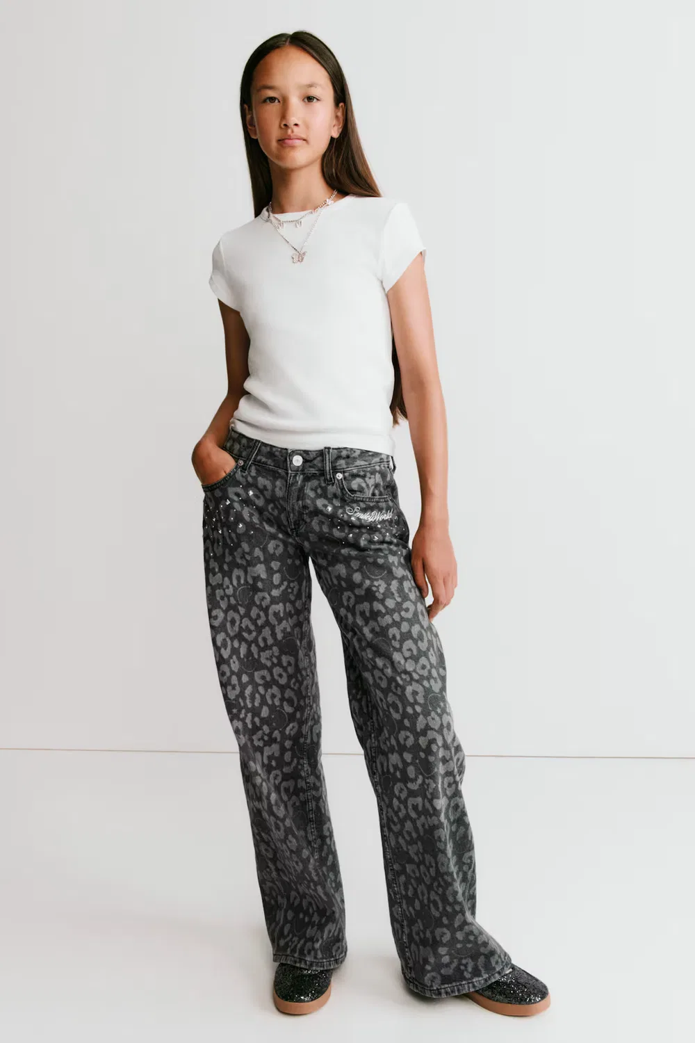 Широкие джинсы с низкой посадкой H&M, Denimgrau/Smileyworld