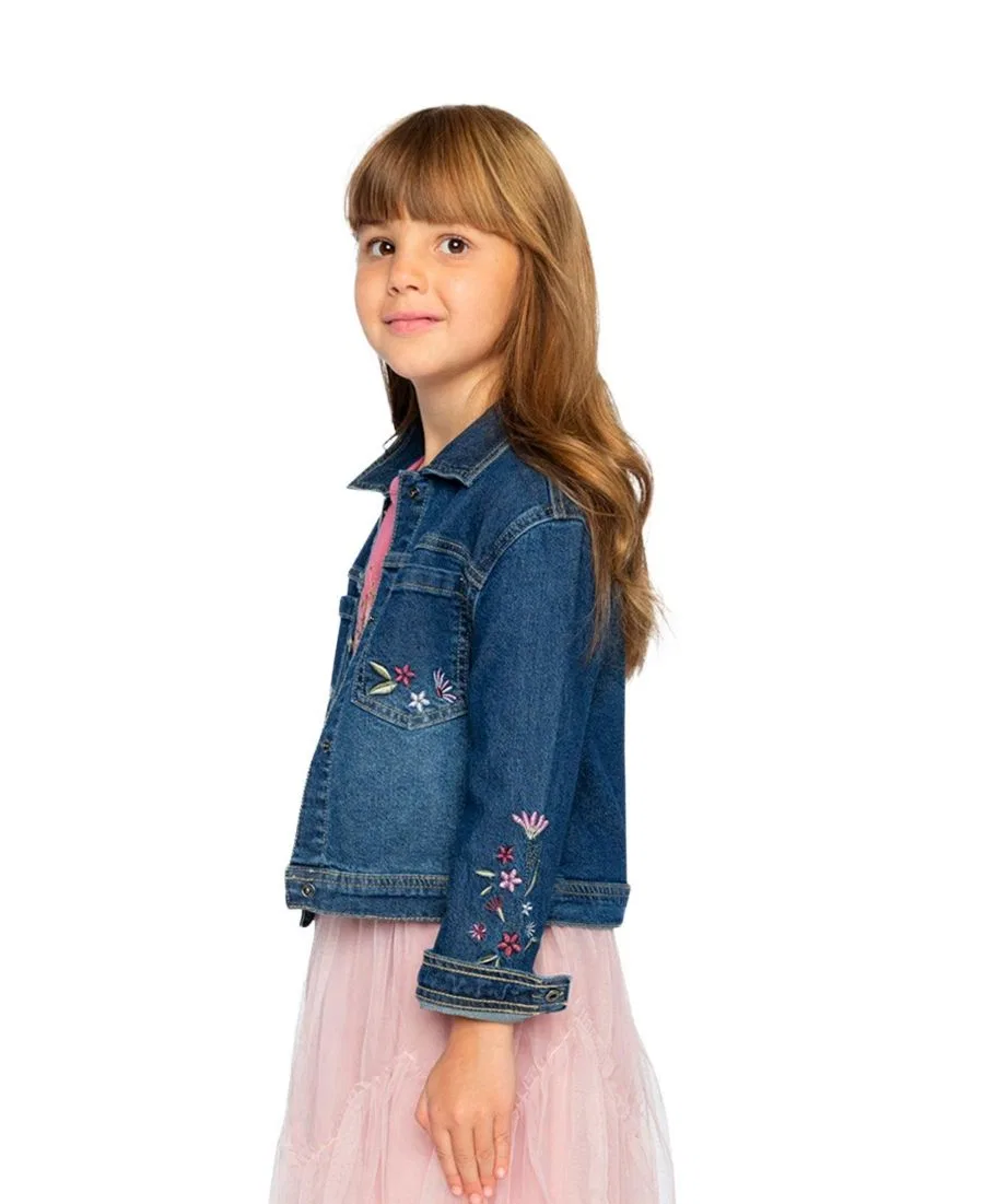 Детская джинсовая куртка с цветочной вышивкой Deux par Deux, Light Blue Denim — фото 4