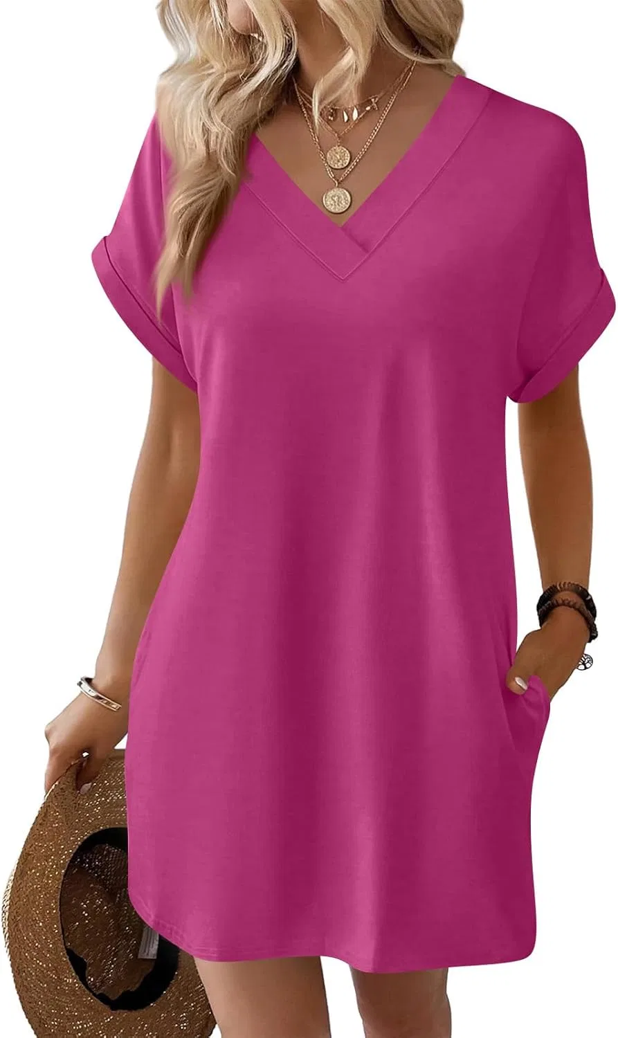 Женское летнее мини-платье с V-образным вырезом и боковыми карманами, Hot Pink — фото 4