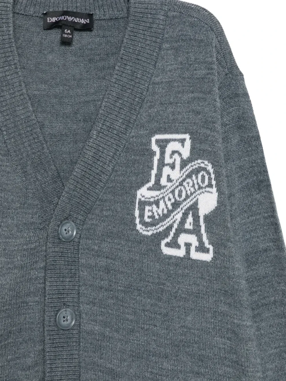 Кардиган на пуговицах с логотипом-интарсией Emporio Armani Kids, серый — фото 3