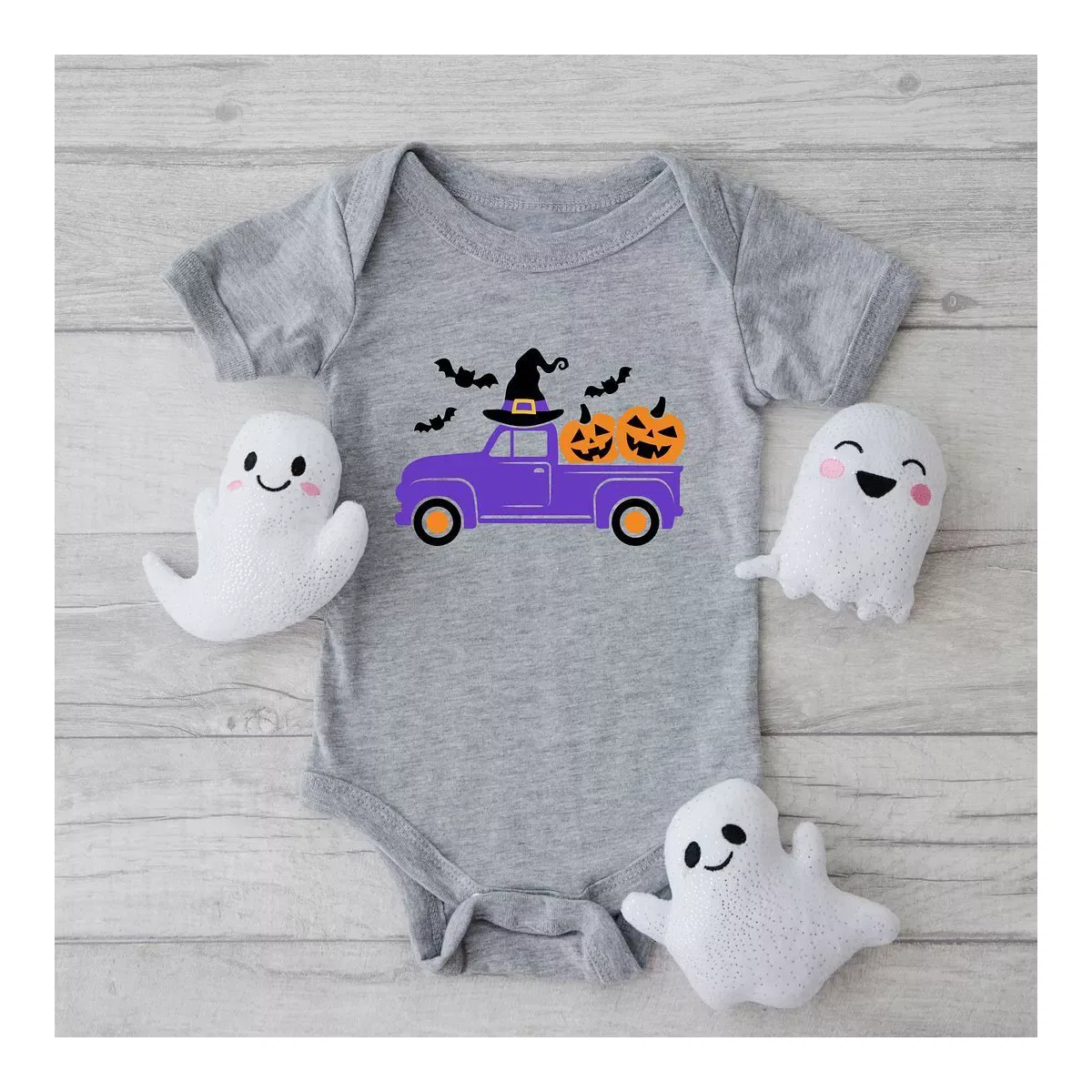 Детское боди с коротким рукавом Witch Farm Truck The Juniper Shop, Heather Grey — фото 2