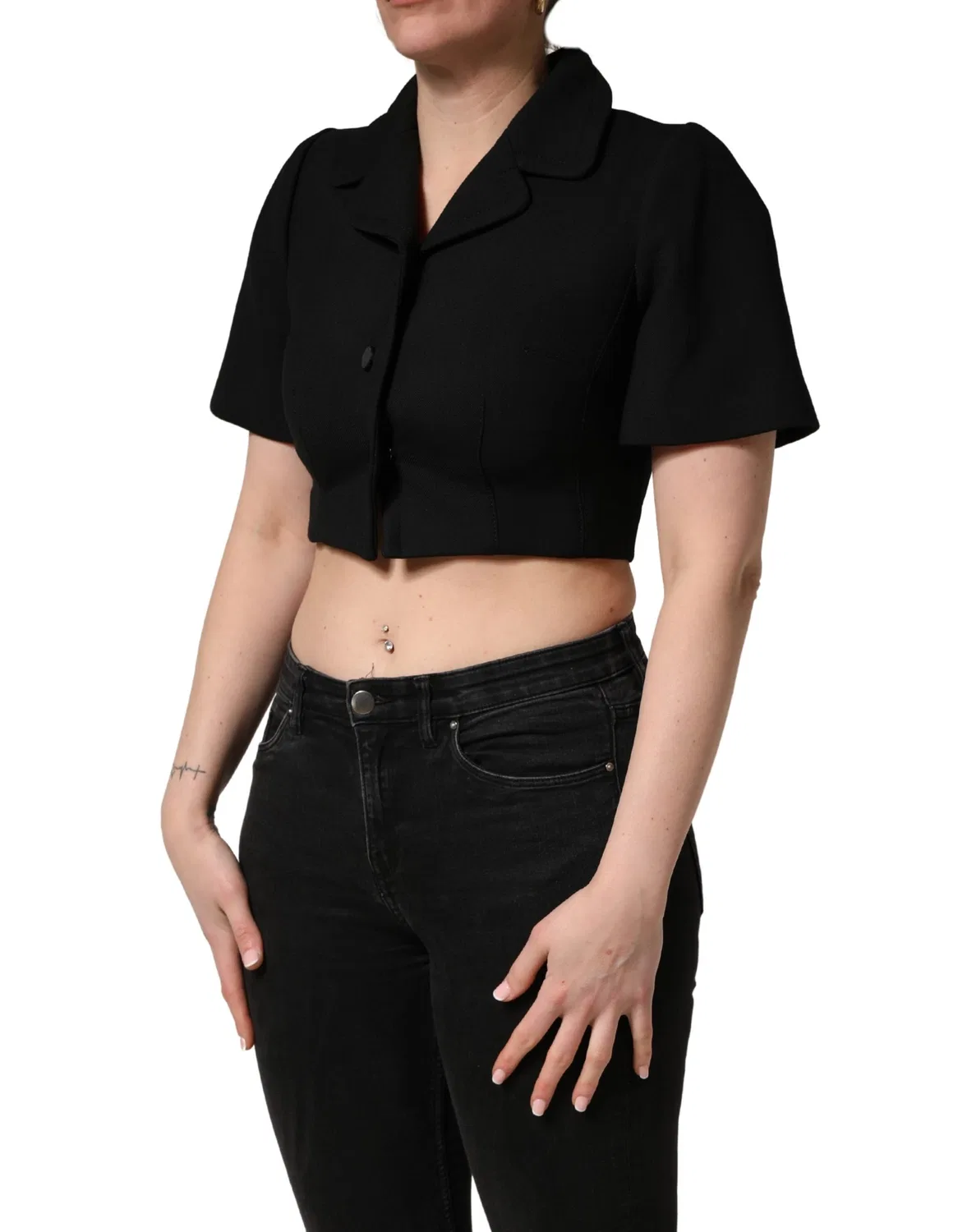 Женская блуза с коротким рукавом и воротником с логотипом Dolce & Gabbana, Black — фото 3