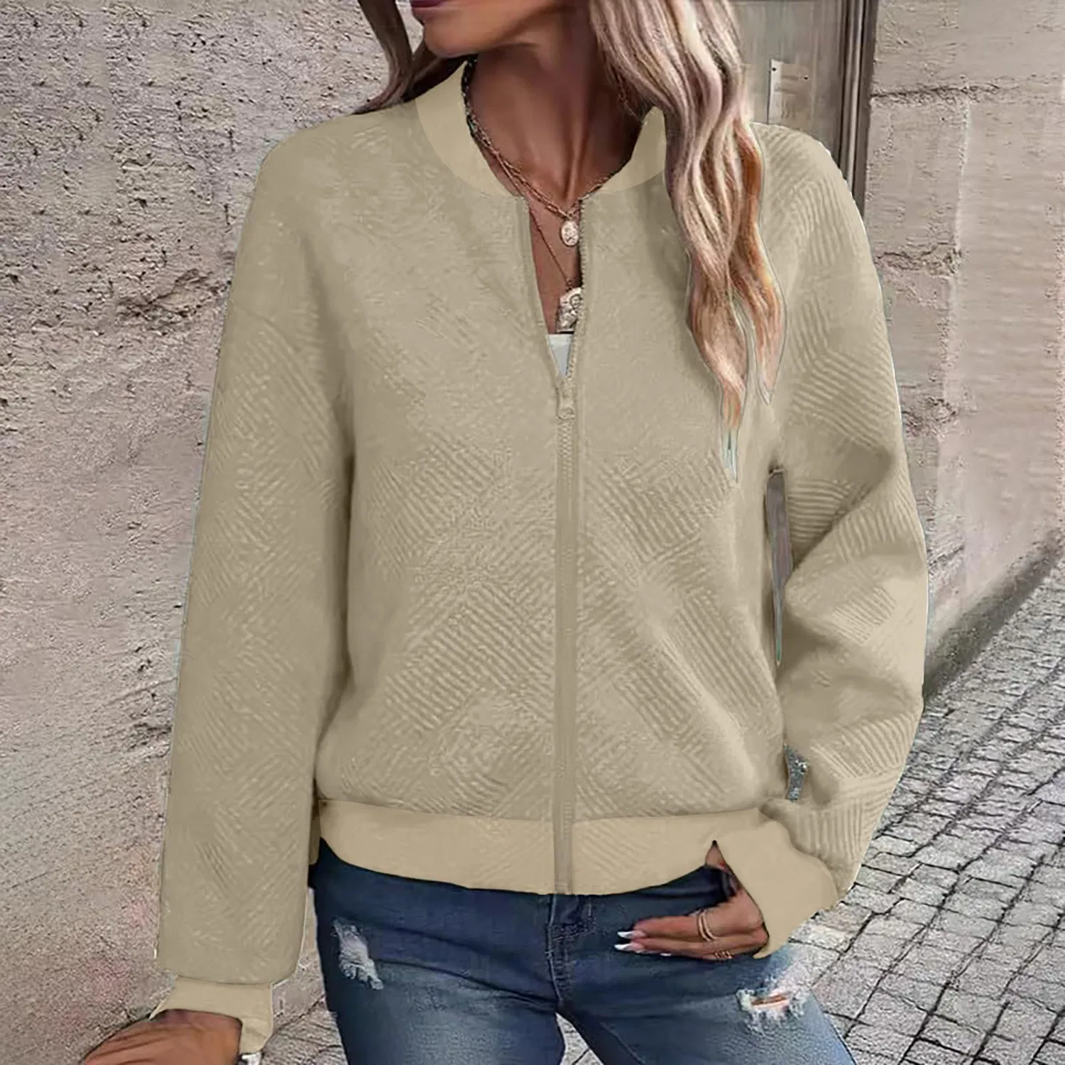 Женская куртка-бомбер с принтом жаккард Bomber Jackets Women Elegant Knitted Jacquard Zip Up Flight Jackets, Beige — фото 2