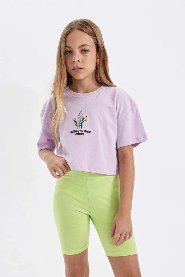 Детская футболка для девочек с принтом Crop Crew Neck Floral Short Sleeve T-Shirt Girl Child Defacto, Purple-Pr143 — фото 4
