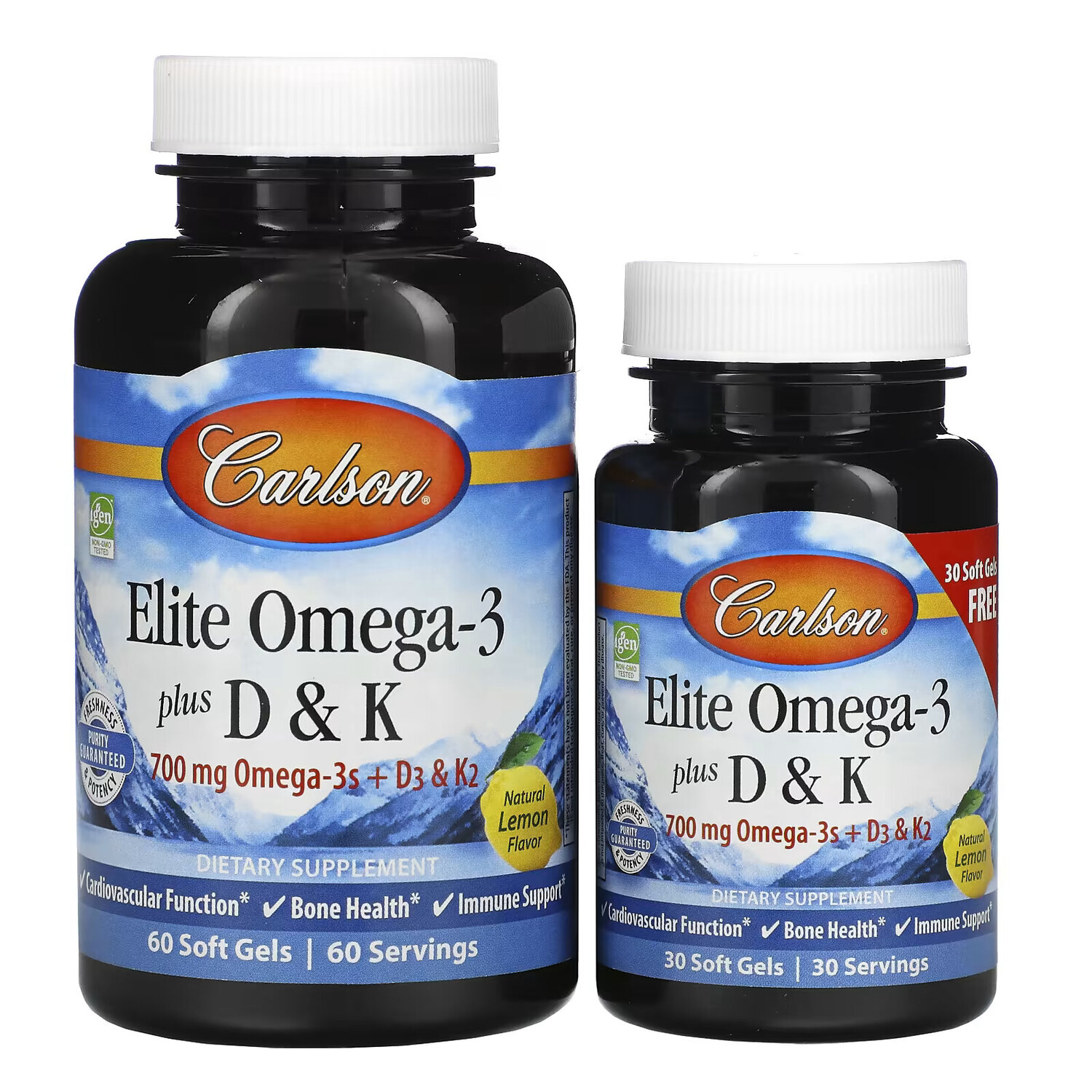 

Carlson, Elite Omega-3 с витаминами D и K, натуральный лимонный вкус, 60 (+ 30 бонусных) мягких капсул